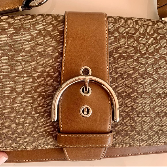 COACH Mini Signature 7075 Beige Leather Canvas Flap Shoulder Bag Authentic - Picture 8 of 16